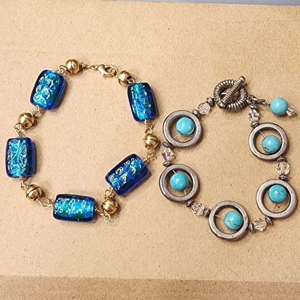 Set of statements bracelets, gold with Murano Glass & silver with turquoise bead